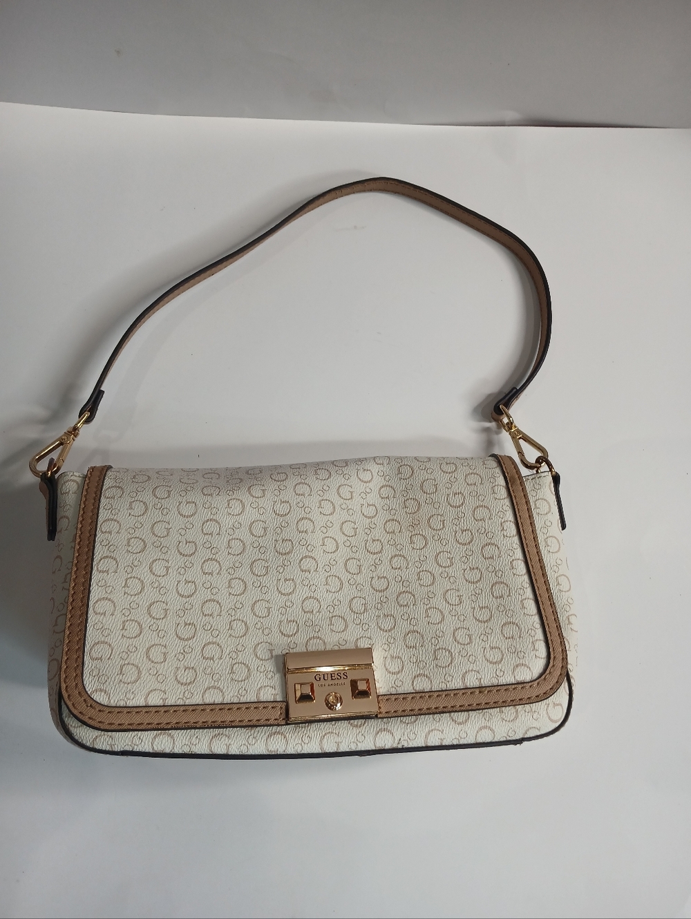 Guess Monogram Baguette Bag | Small Shoulder Purse | White Beige | Gold Hardware